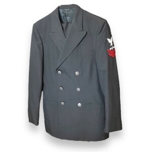 US Navy Dress Black Polyester Wool Suit Jacket 38 Long Emblem Patch Pants 32R